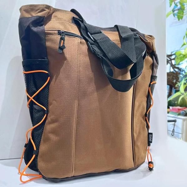 ブラウンレザーカットアウトトートバッグ アウトドア大容量トートバッグ(ブラウン×オレンジ) ☆数量限定品