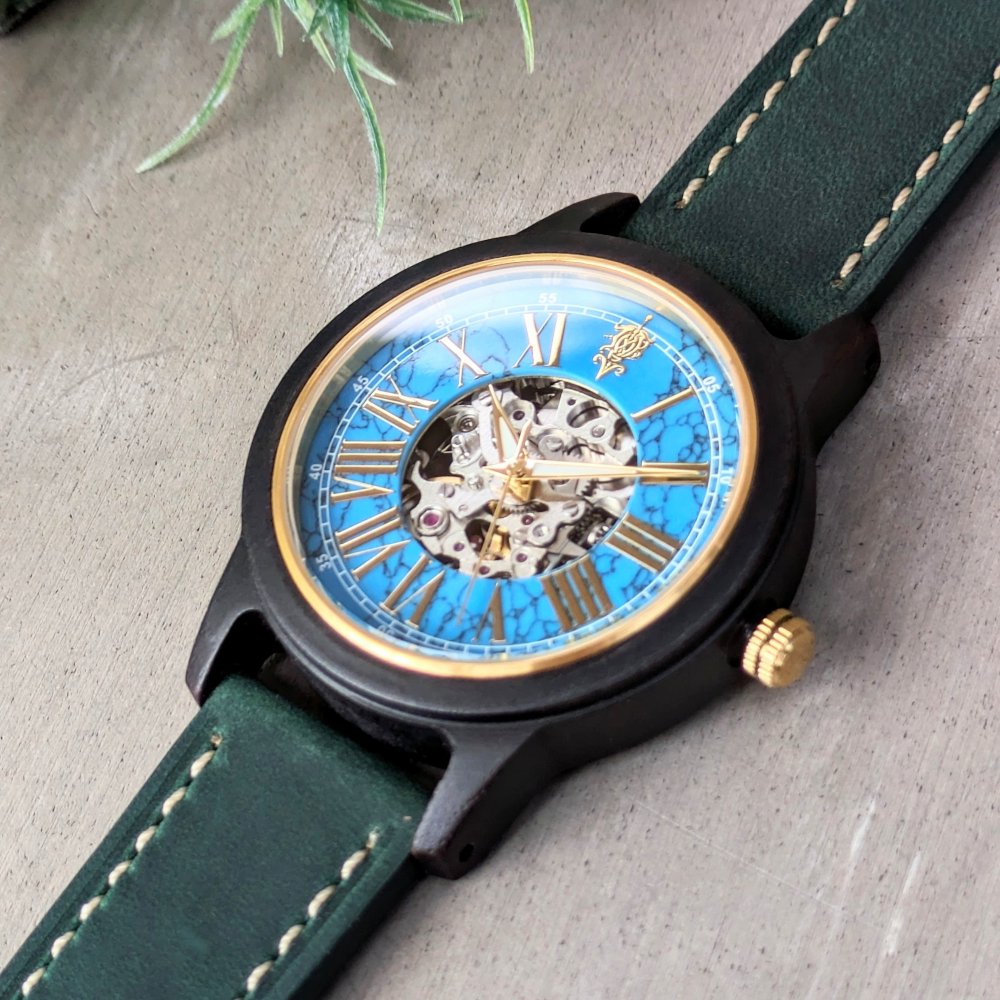 EINBAND Frieden ターコイズ×本革レザーベルト 自動巻き木製腕時計 40mm - 木製腕時計・ウッドウォッチのお店  EINBAND～アインバンド～