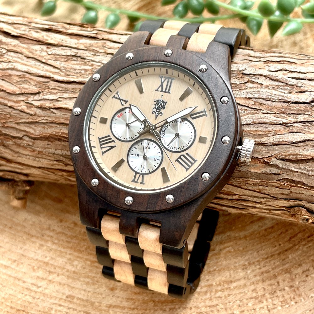 EINBAND Sand Maple & Ebony マルチカレンダー木製腕時計 46mm
