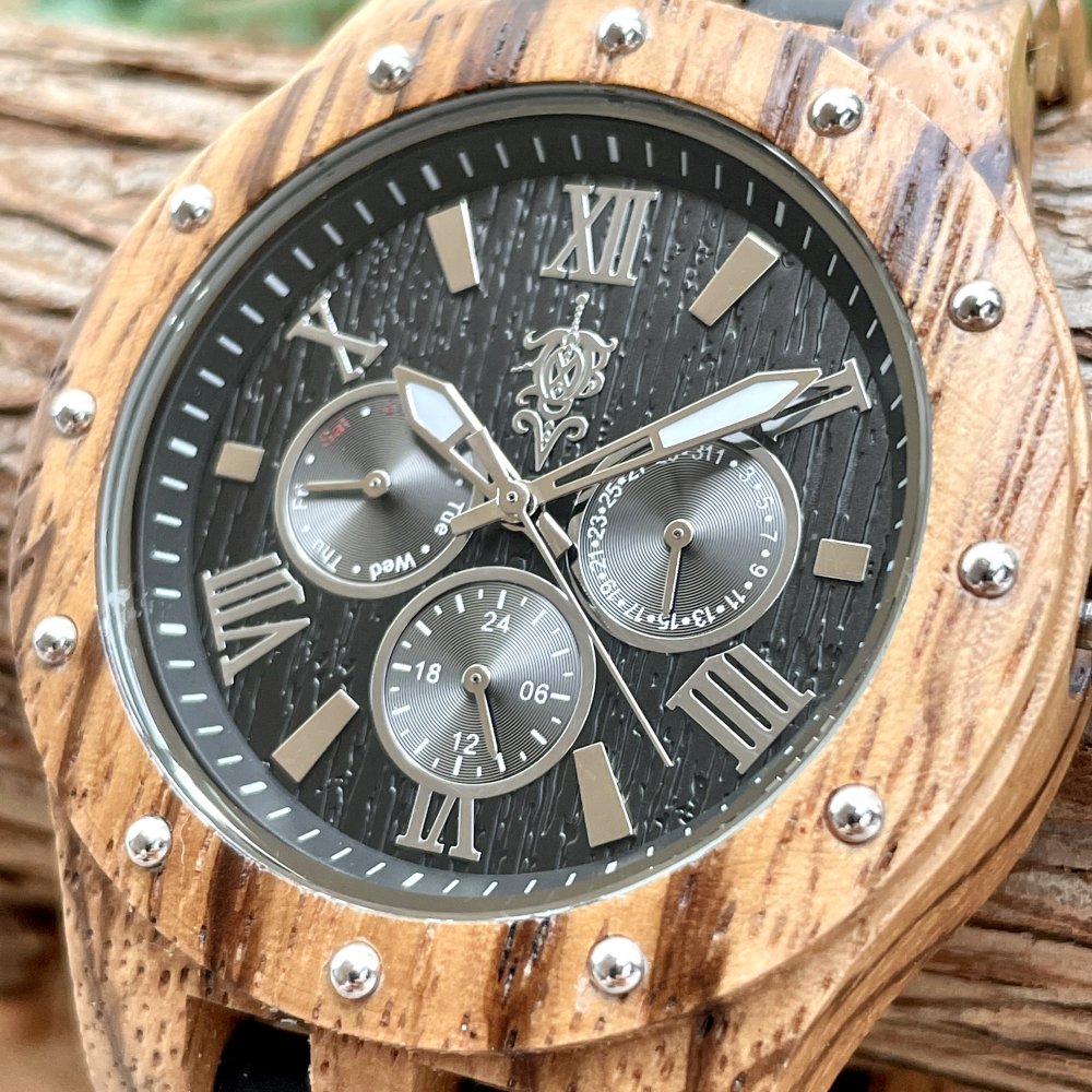 EINBAND Sand Zebra & Ebony マルチカレンダー木製腕時計 46mm - 木製