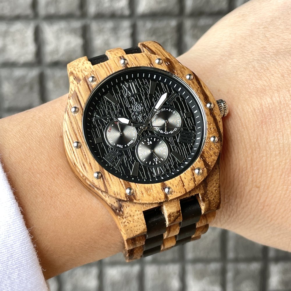 EINBAND Sand Zebra & Ebony マルチカレンダー木製腕時計 46mm - 木製腕時計・ウッドウォッチのお店　  EINBAND～アインバンド～