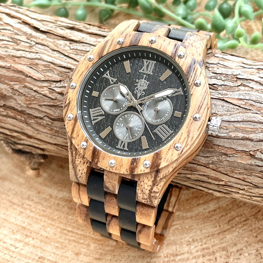 EINBAND Sand Zebra & Ebony マルチカレンダー木製腕時計 46mm