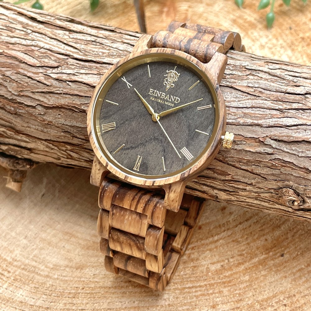 EINBAND Reise ZebraWood & Gold 木製腕時計 40mm - 木製腕時計