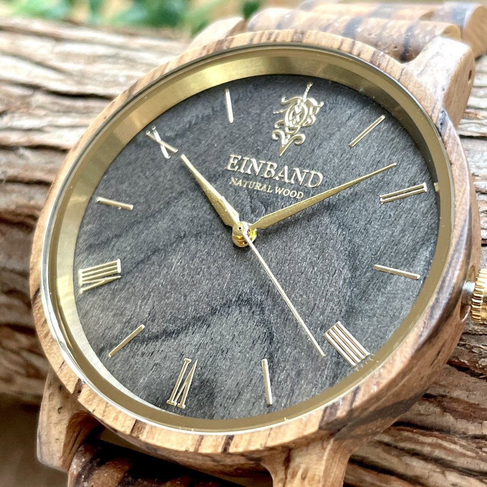 EINBAND Reise ZebraWood & Gold 木製腕時計 40mm - 木製腕時計