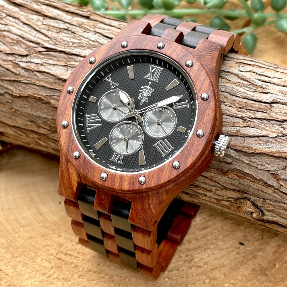 EINBAND Sand Red sandalwood & Ebony マルチカレンダー木製腕時計 46mm