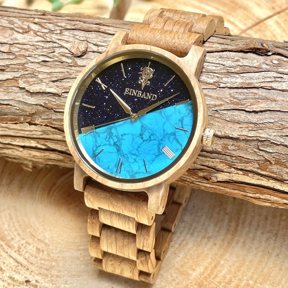 EINBAND Reise Blue sandstone × Turquoise & Oak Wood 木製腕時計 40mm