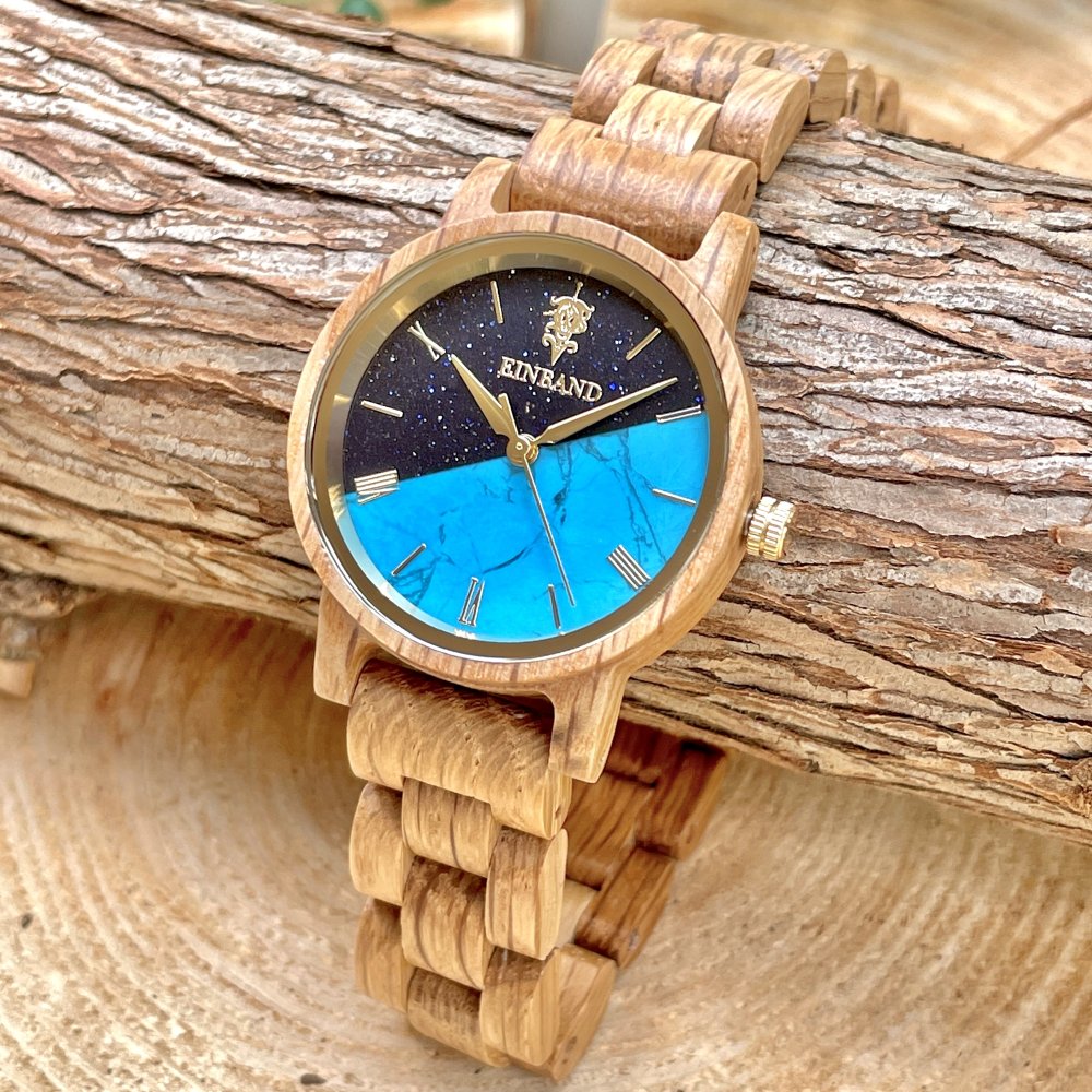 EINBAND Reise Blue sandstone × Turquoise & Oak Wood 木製腕時計 32mm