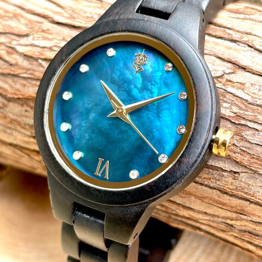 EINBAND Prima マザーオブパール×スワロフスキー 天然貝木製腕時計 エボニーウッド ブルー文字盤 34mm