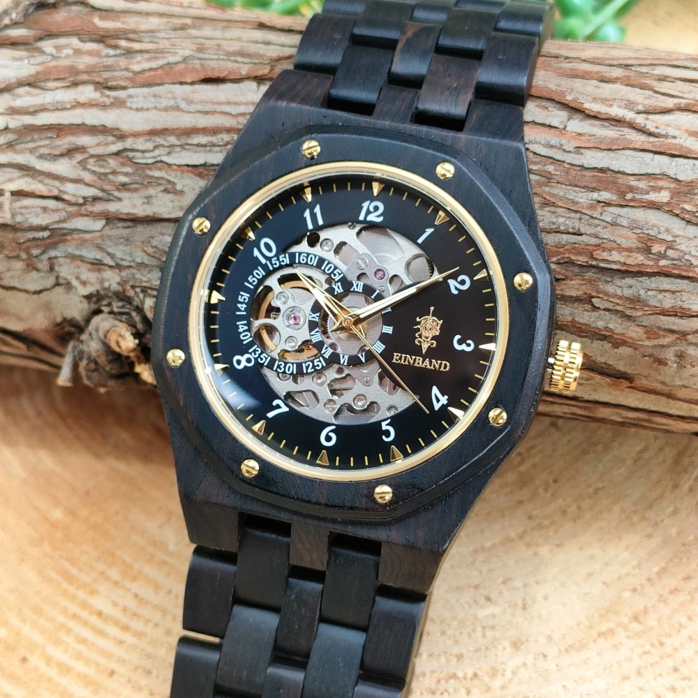 EINBAND Meteor Ebony Wood ブラック文字盤 46mm 自動巻き木製腕時計