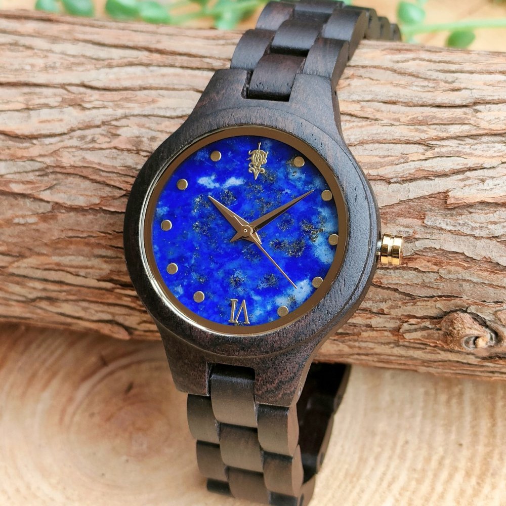 【6/4(日) 22:00〜販売開始】EINBAND Prima Ebony wood × ラピスラズリ 天然石木製腕時計 34mm
