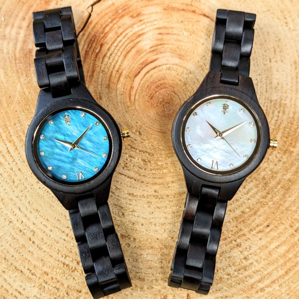 EINBAND Prima マザーオブパール×スワロフスキー 天然貝木製腕時計 エボニーウッド ホワイト文字盤 34mm -  木製腕時計・ウッドウォッチのお店　 EINBAND～アインバンド～