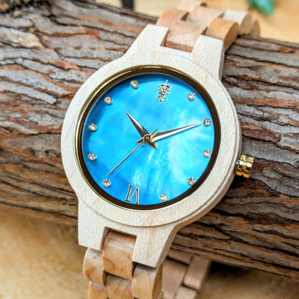 EINBAND Prima マザーオブパール×スワロフスキー 天然貝木製腕時計 メイプルウッド ブルー文字盤 34mm -  木製腕時計・ウッドウォッチのお店　 EINBAND～アインバンド～