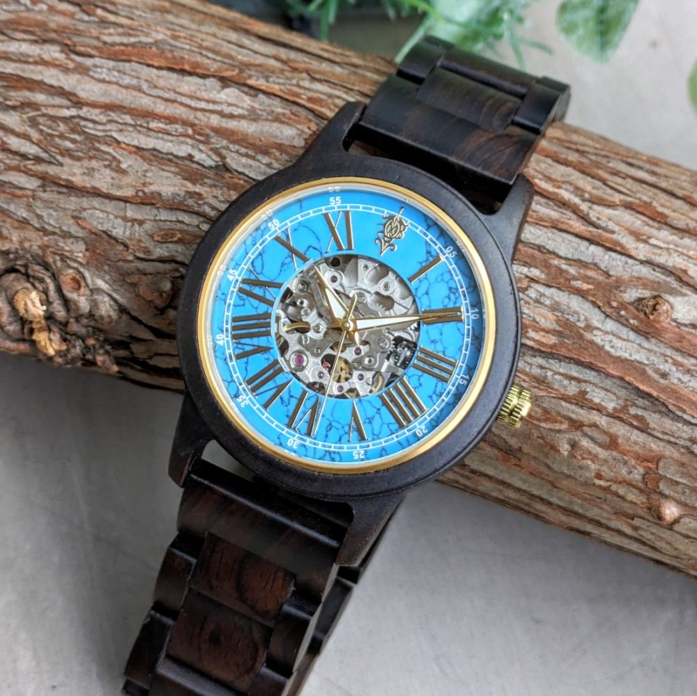EINBAND Frieden ターコイズ×エボニーウッド(黒檀) 自動巻き木製腕時計 40mm - 木製腕時計・ウッドウォッチのお店　  EINBAND～アインバンド～