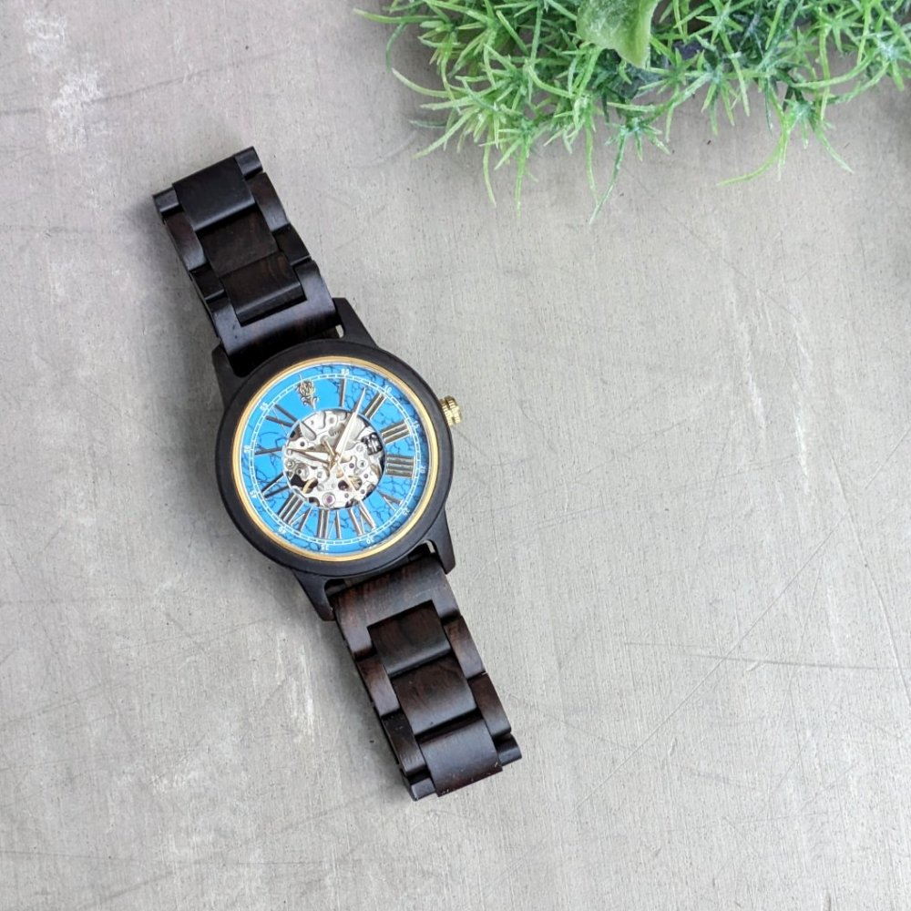 腕周り195cmEINBAND ターコイズ×エボニーウッド(黒檀) 自動巻き木製腕時計 40mm
