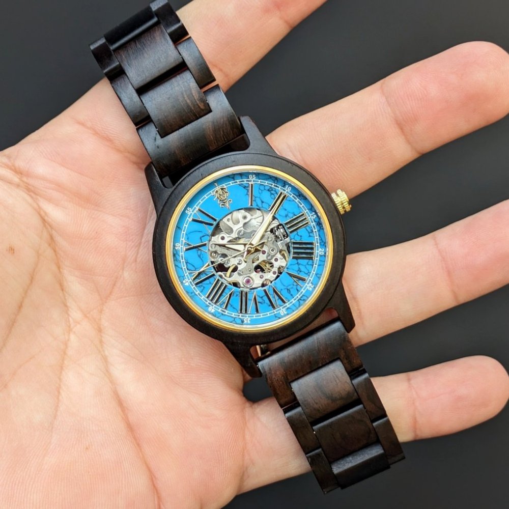 EINBAND Frieden ターコイズ×エボニーウッド(黒檀) 自動巻き木製腕時計 40mm - 木製腕時計・ウッドウォッチのお店　  EINBAND～アインバンド～
