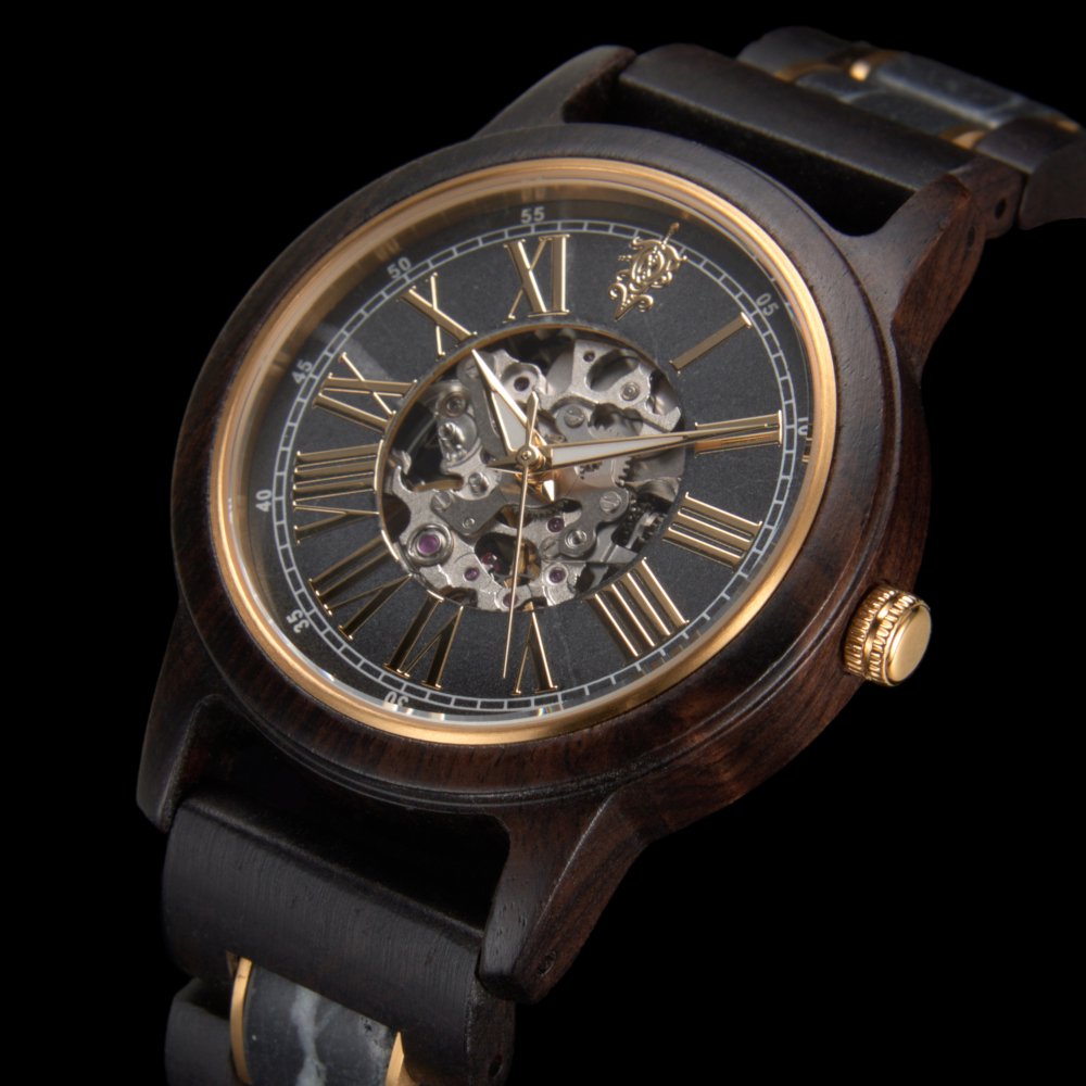 EINBAND ブラックマルキーナ×エボニーウッド自動巻き木製腕時計 40mm腕周り195cm