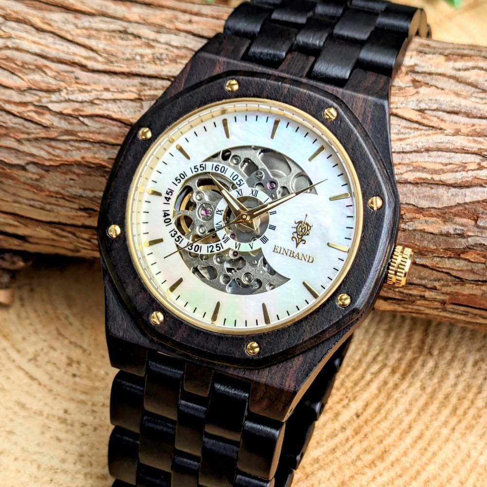 【9/29(金) 22:00〜販売開始】EINBAND Meteor 自動巻き木製腕時計 エボニーウッド マザーオブパール文字盤 46mm
