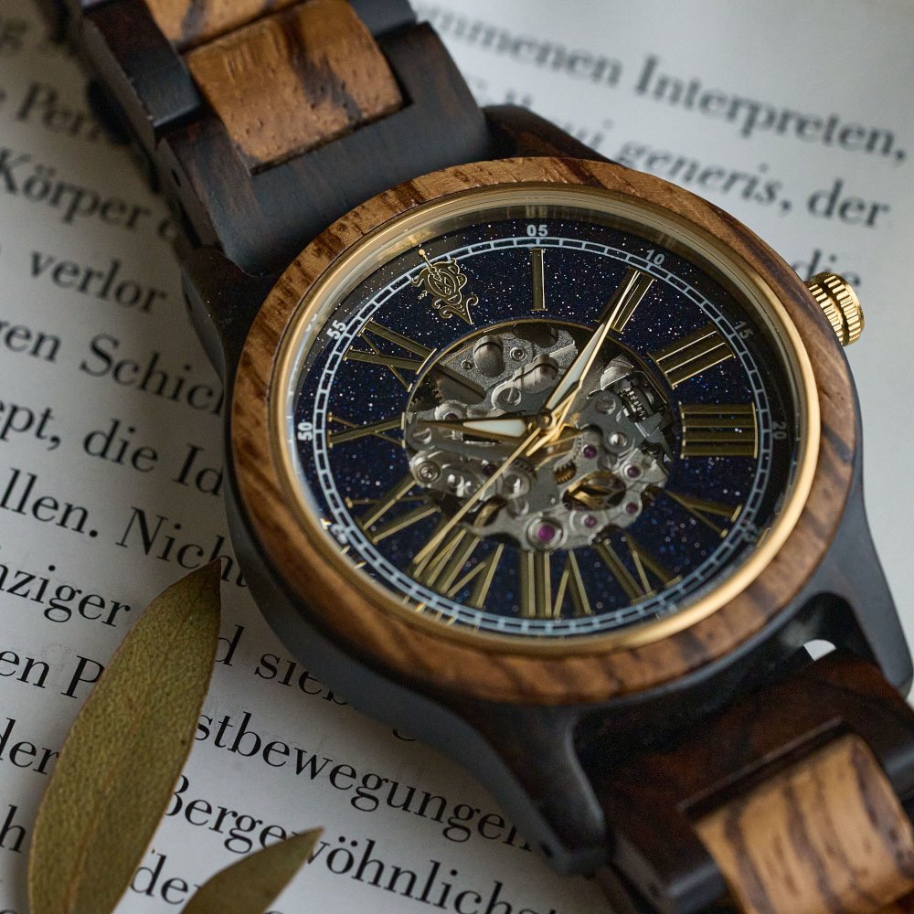 EINBAND Frieden ブルーサンドストーン×ゼブラウッド＆エボニーウッド 自動巻き木製腕時計 40mm - 木製腕時計・ウッドウォッチのお店　  EINBAND～アインバンド～