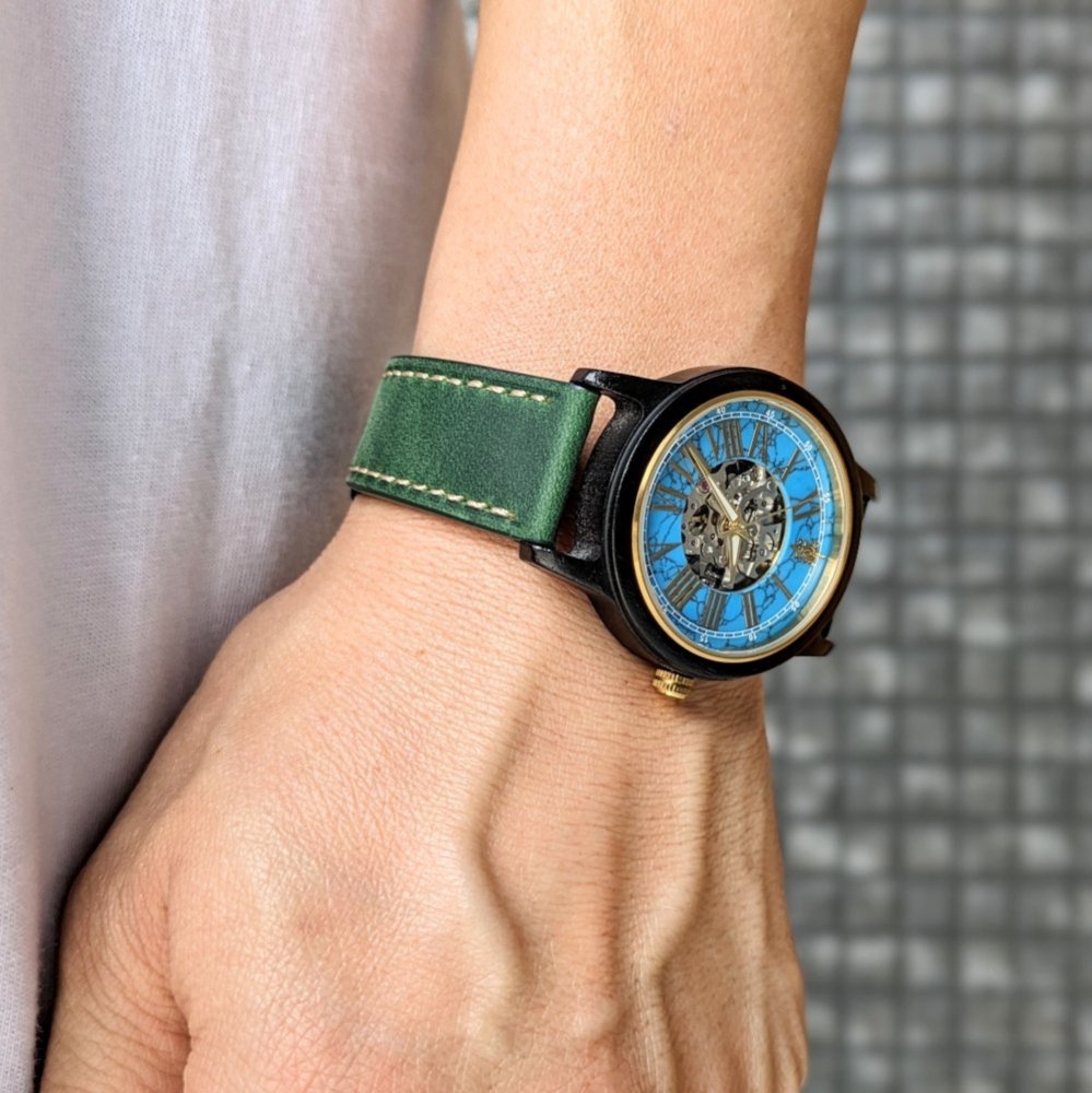 EINBAND Frieden ターコイズ×本革レザーベルト 自動巻き木製腕時計 40mm - 木製腕時計・ウッドウォッチのお店  EINBAND～アインバンド～