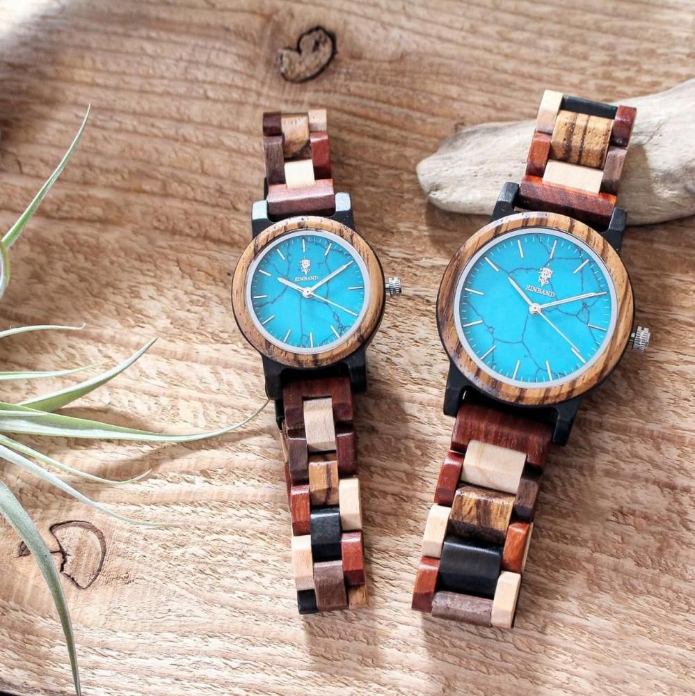 EINBAND Schatz ターコイズ文字盤 天然石×木製腕時計 32mm - 木製