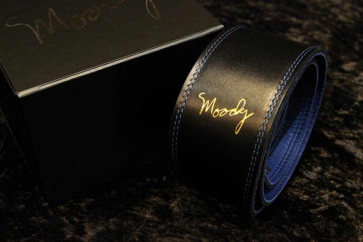 moody Moody Straps Leather/Leather 2.5" Standard Black/Blue "Gold Logo & Blue Stitch"