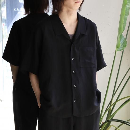 【名作】Gorsch Open Collar Oxford Shirts Gorsch BAMBOO LINEN OPEN COLLAR SHORT SLEEVE SHIRT - BLACK