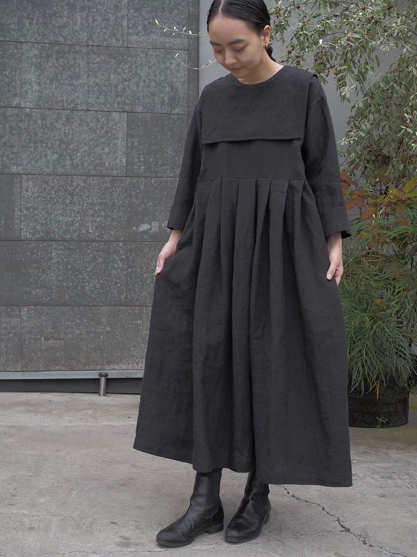 受注アイテム]Linen sailor collar dress/black (2サイズ) - kashuka
