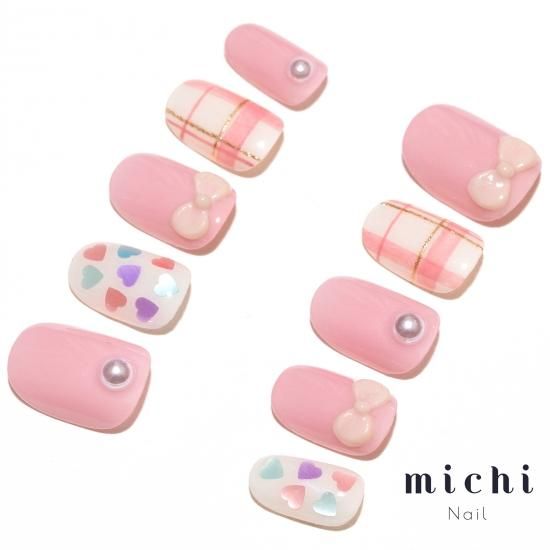 リボンとチェックの可愛い詰め合わせネイル - ネイルチップ(つけ リボンとチェックの可愛い詰め合わせネイル - ネイルチップ(つけ