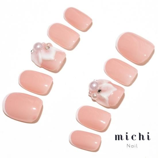 3Dフラワーフレンチネイル(ベージュ) - ネイルチップ(つけ爪