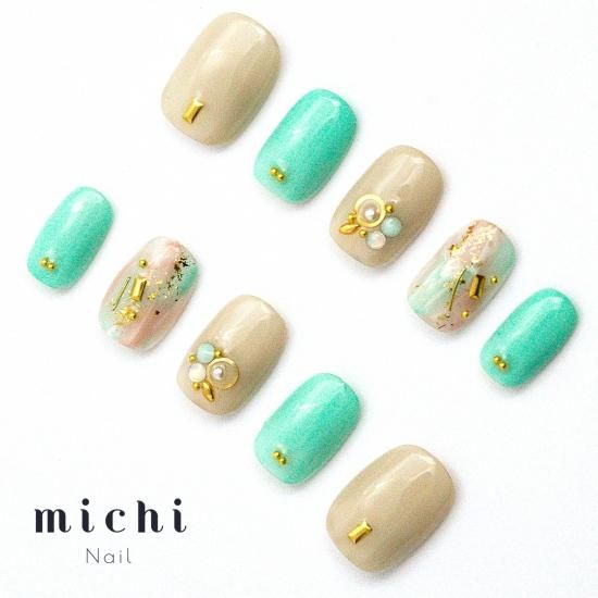 ミントグリーンとピンクのタイダイネイル - ネイルチップ(つけ爪)専門