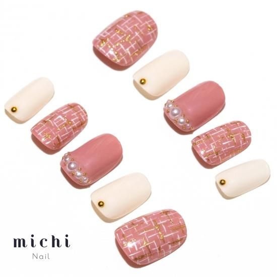 くすみピンクのツイードネイル- ネイルチップ(つけ爪)専門店