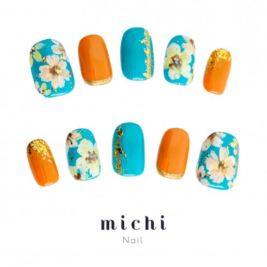 和柄緑×オレンジNail- ネイルチップ(つけ爪)専門店ミチネイル