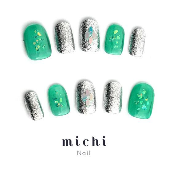 グリーン×シルバーギラギラネイル- ネイルチップ(つけ爪)専門店