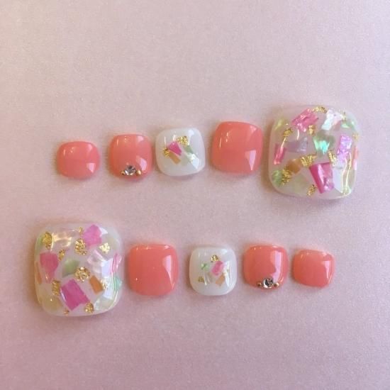 フット＞ミルキーオレンジのシェルタイルネイル- ネイルチップ