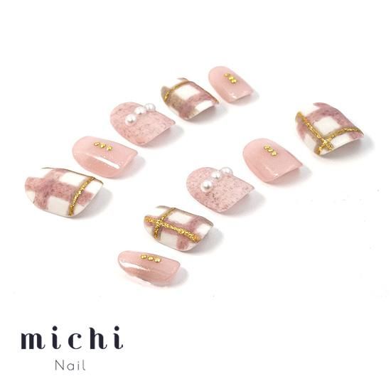 ピンクチェックのもふもふガーリーネイル- ネイルチップ専門店