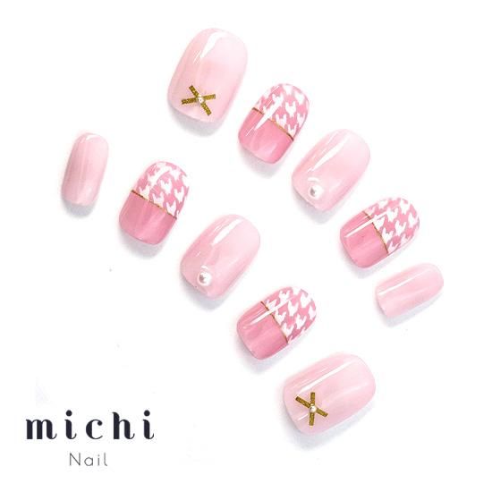 【No.021】♡ネイルチップ♡千鳥柄♡ピンクネイル♡リボンネイル♡ニットネイル No.021】ネイルチップ千鳥柄ピンクネイルリボンネイルニットネイル