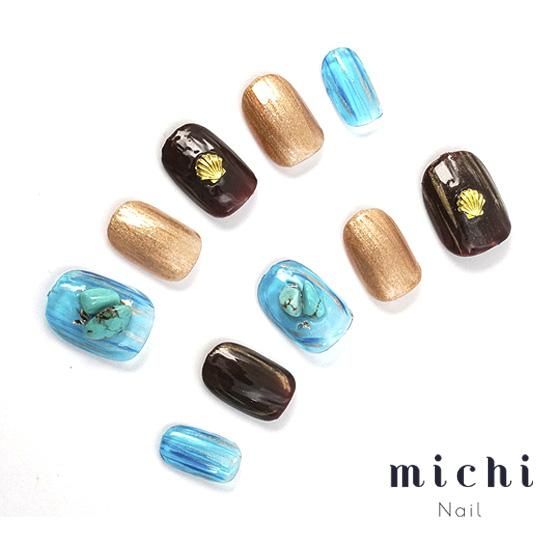 ピュアブルー×ブラウンの夏ネイル- ネイルチップ専門店ミチネイル