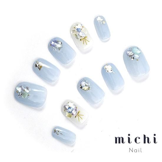 爽やかブルーのシェルフラワーブーケネイル- ネイルチップ専門店ミチネイル