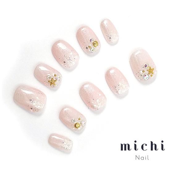 オーダーネイルチップNo.84 夏 海 浜辺 ミラーアクセ ラメ キラキラ