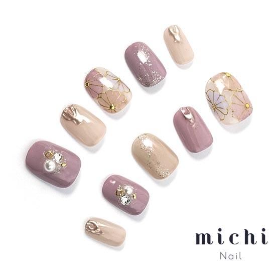 和柄フラワーネイル 藤色ver- ネイルチップ専門店ミチネイル