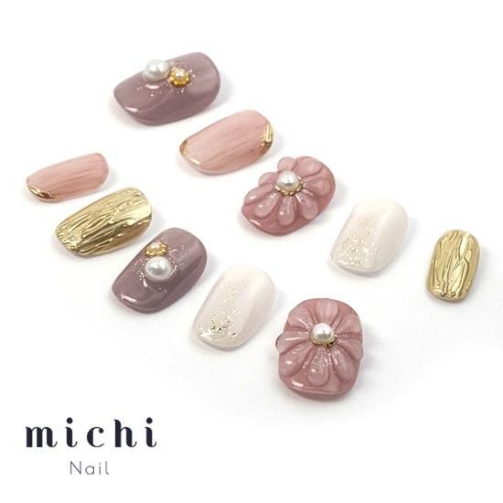 ぷっくりフラワーのニュアンスネイル- ネイルチップ専門店ミチネイル