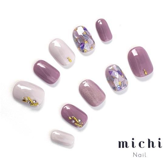 くすみパープル塗りかけネイルチップ くすみパープルシェルネイル- ネイルチップ専門店ミチネイル