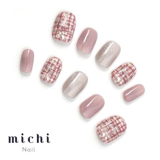 くすみカラーのツイードネイル- ネイルチップ専門店ミチネイル