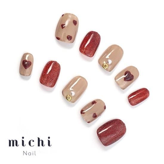 キラキラレッドのぷっくりハートネイル- ネイルチップ専門店ミチネイル