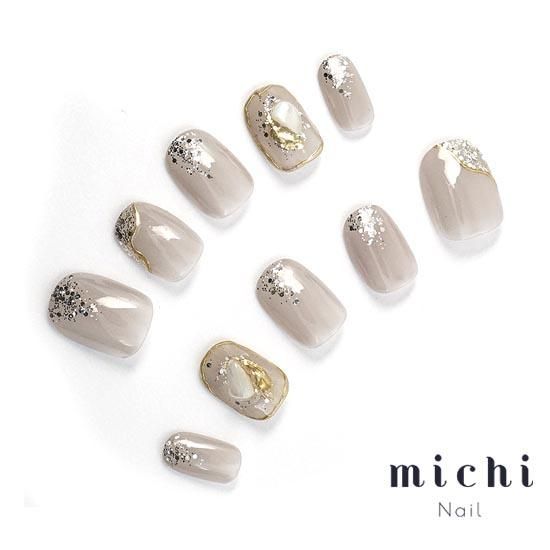ニュアンスネイル ネイルチップオーダー グレージュ ミラーネイル シェルネイル シアーグレージュのシンプルシェルネイル- ネイルチップ専門店ミチネイル