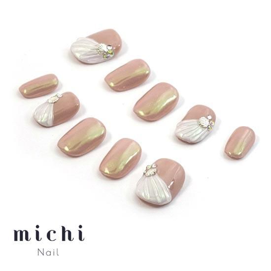 オーロラカラーの貝殻モチーフネイル- ネイルチップ専門店ミチネイル