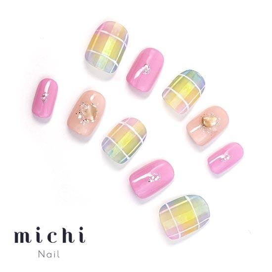 ピンクカラーのマドラスチェックネイル- ネイルチップ専門店ミチネイル