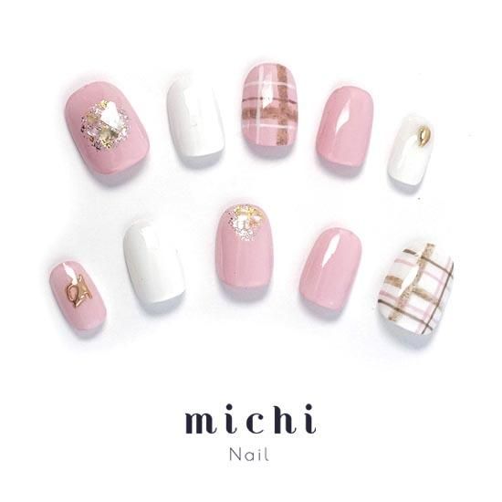 ピンク×白ガーリーチェックネイル- ネイルチップ専門店ミチネイル