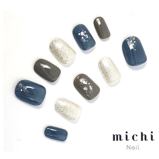 くすみブルーのシェルネイル- ネイルチップ専門店ミチネイル
