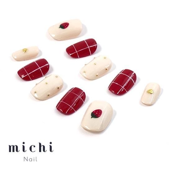 赤チェックのいちごネイル- ネイルチップ専門店ミチネイル